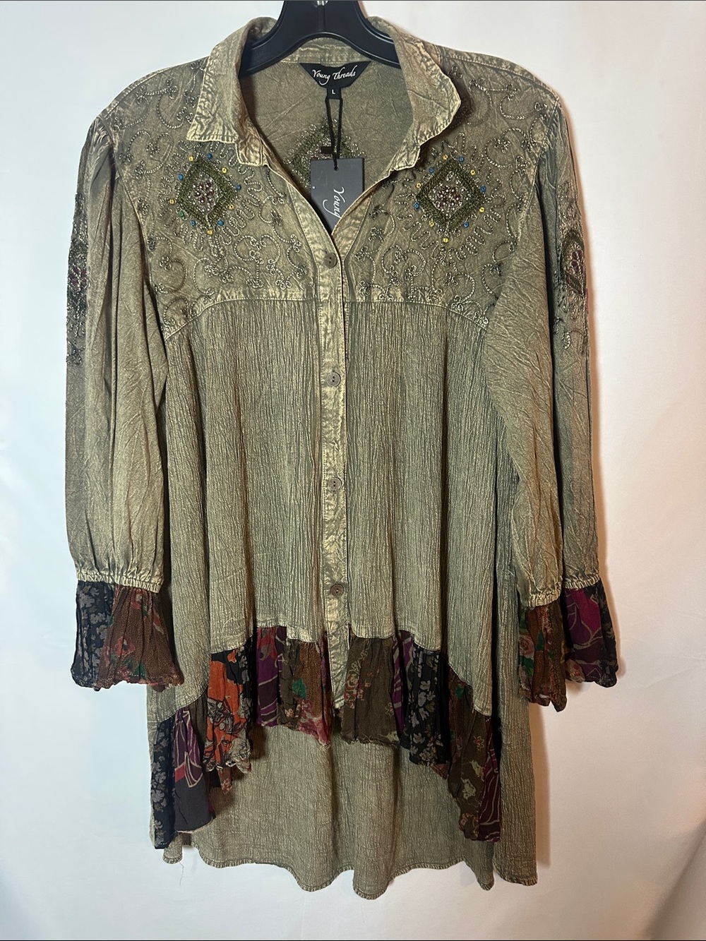 Young threads bohemian Olive Embroidered Button-Front Tunic with Mixed-Print Hem
